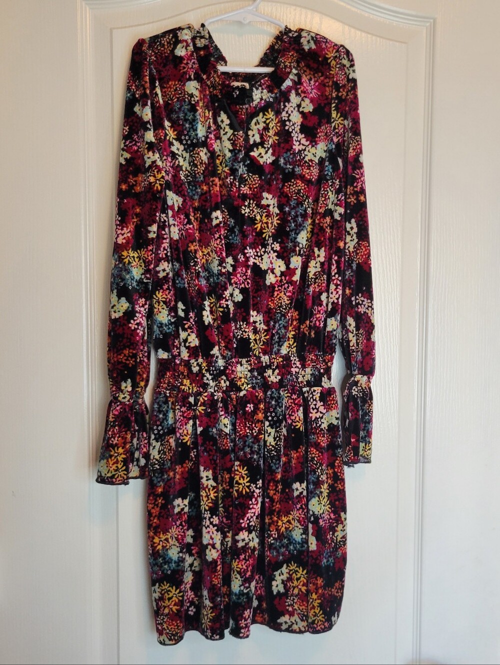 Ella Moss Burgundy Floral Velvety Dress Low Waist & Long Ruffled Sleeves Girls 1